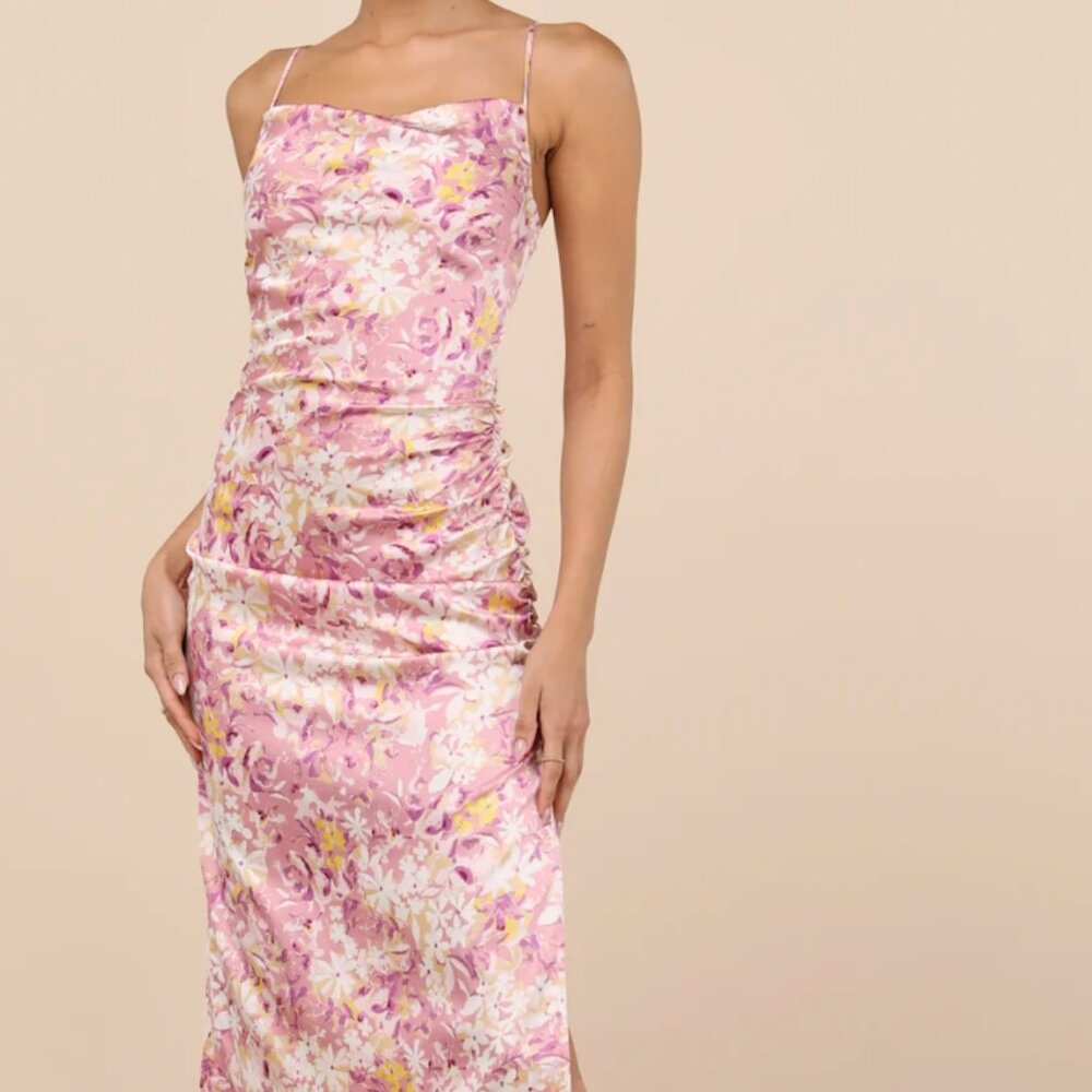 Lulus Truest Romance Pink Floral Print Sleeveless Ruched Midi Dress